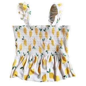 Hanna Andersson girls lemon print ruched tankini swim top 140/size 10